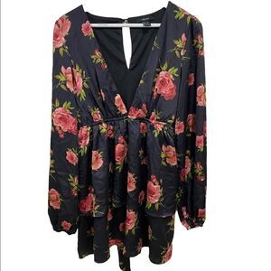 Forever 21 Y2K Black Rose Print Belted Dress baby doll – Large Romantic Grunge